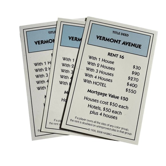 Monopoly Here Now Vermont Ave Property Title Deed Card Replacement 2008 u - Picture 3 of 4